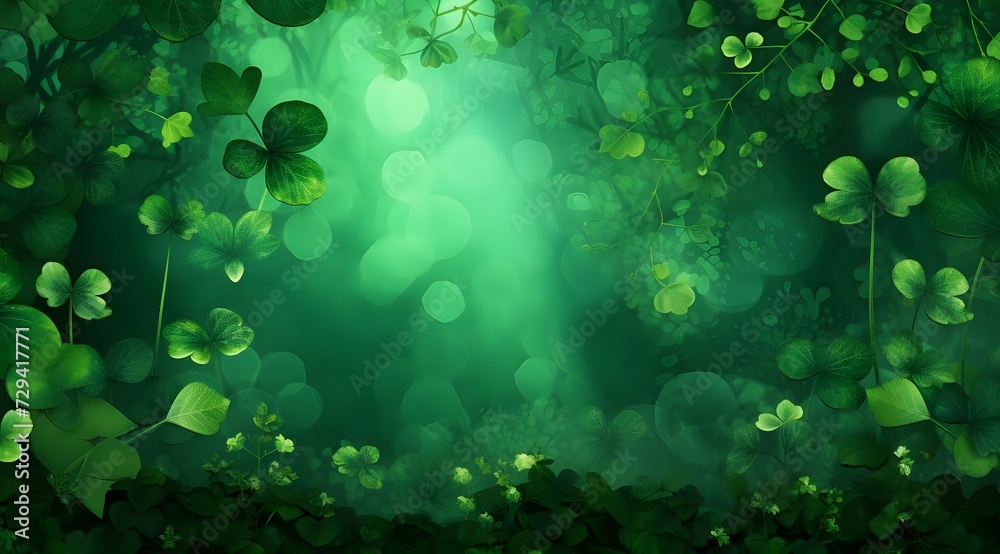 Green clover leaves background with bokeh lights.
