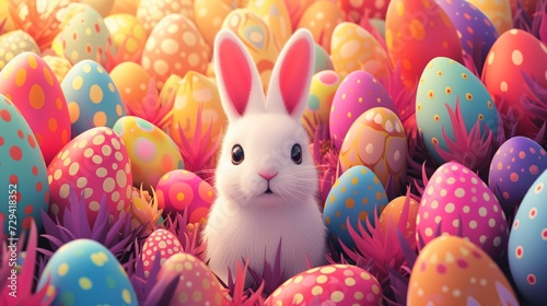 A cute easter bunny surrounded by vibrant easter eggs, 3D cartoon illustration. © Pro Hi-Res