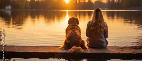 woman and golden retreiver dog sitting by a lake at sunset. A heartwarming scean of beauty. photo
