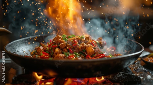 Fiery Stir-Fry Cooking in Wok on Flames, A sizzling stir-fry with vibrant chili peppers being cooked in a wok, flames and sparks flying, in a dynamic culinary scene.