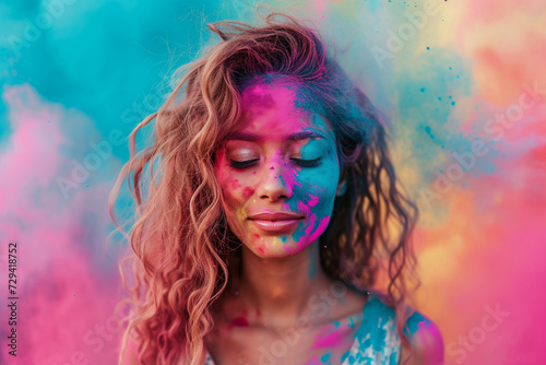 A beautiful smiling girl with red curly hair and colorful powder on her face on a bright blue pink background. Happy Holi festival concept.