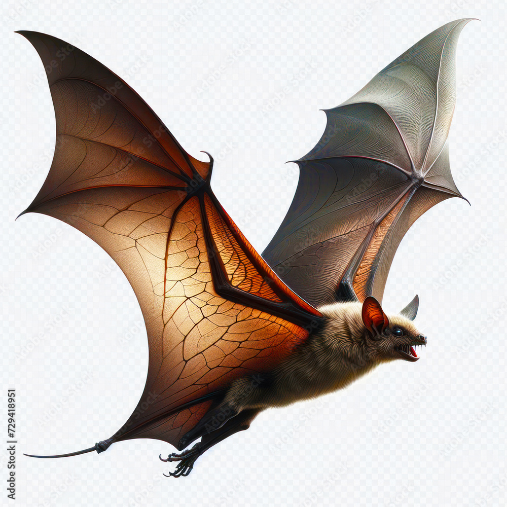 Bat with its wings fully spread. Intricate details of the texture and ...
