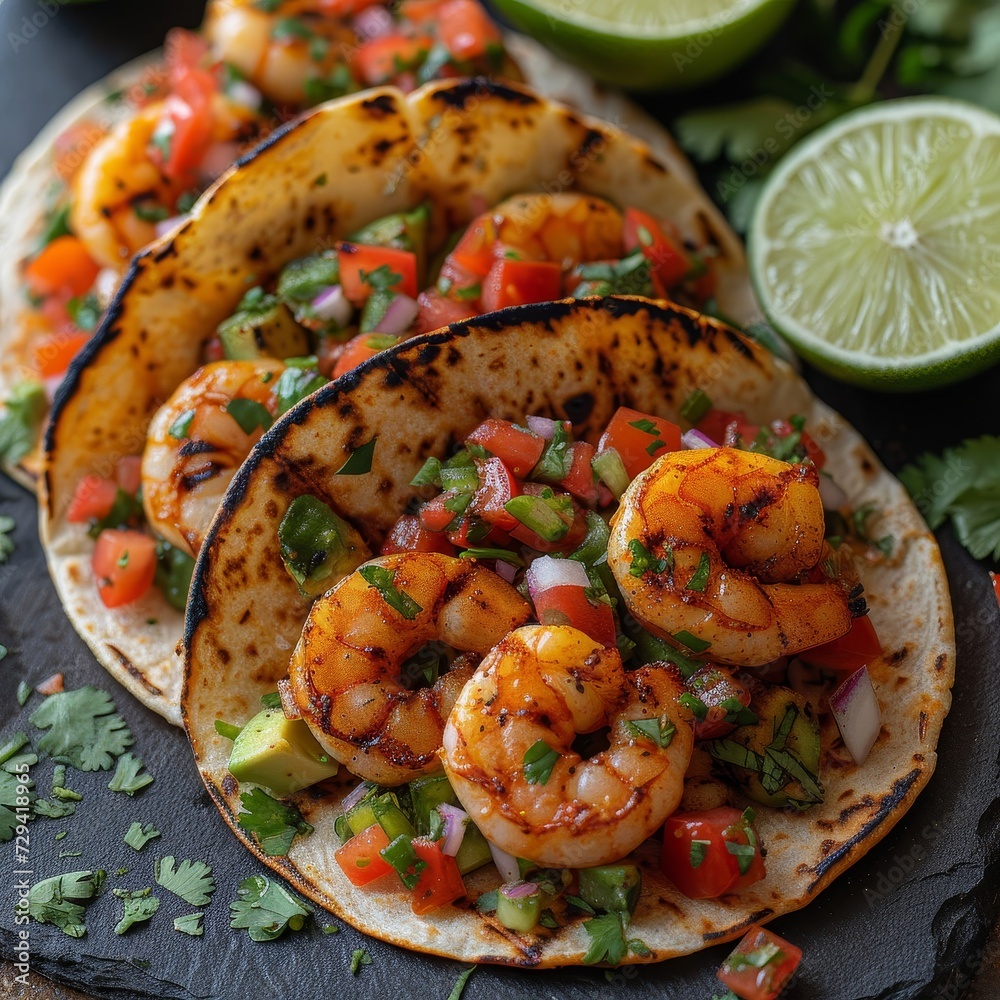 Plateful of Shrimp Tacos With Limes and Cilantro