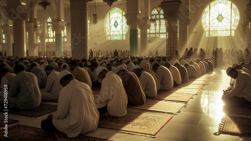 Muslims praying in a mosque - muslim religion and ramadan concept