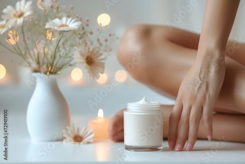 Legs and hand of young woman with jar of moisturizing cream  candle and vase with flowers  spa and relaxation mood