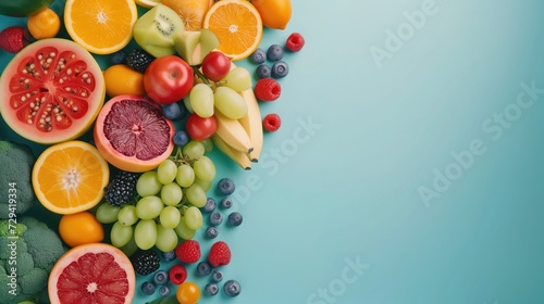Collection of Fruits on Plain Sky Blue Background  Overhead Shot  Healthy Eating Advert Template