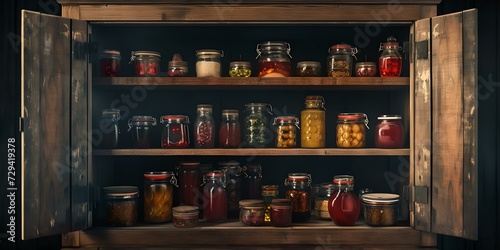 Vintage pantry shelves stocked with various preserved foods in jars. classic home canning. ideal for rustic kitchen decor. AI