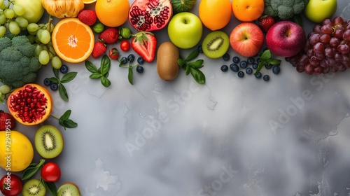 Overhead Shot of Fruits and Vegetables on Stone Worktop: Healthy Diet Template Mockup, Copy Space For Text
