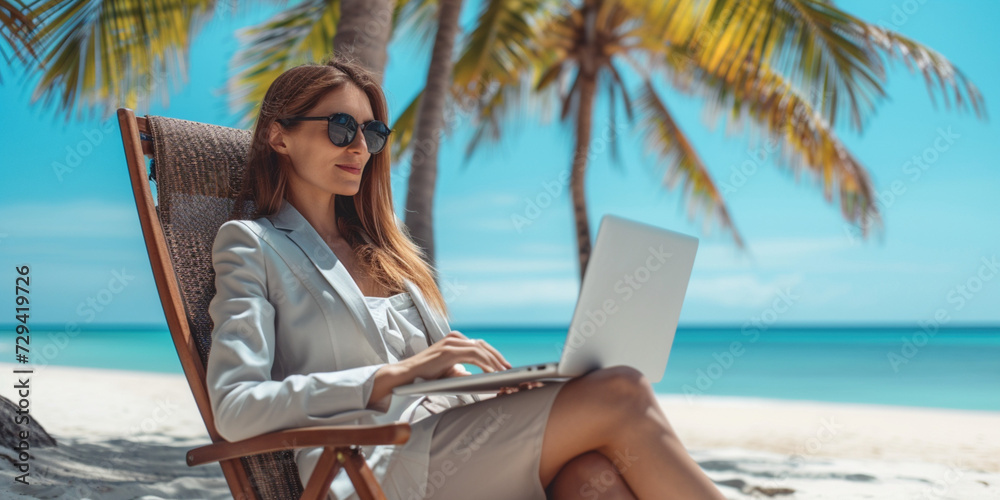 Businesslike adult female woman using laptop on a tropical luxury beach resort. Mature businesswoman in suit working on computer on the beach. Freelance online remote work freedom concept