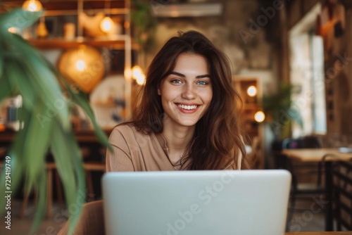 A beautiful girl with a smile communicating online with colleagues on a laptop Showcasing the connectivity and flexibility of modern work and social interactions