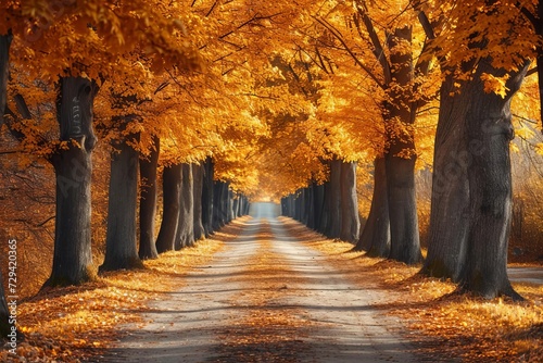 Autumn alley with golden foliage A picturesque and serene path perfect for seasonal themes and capturing the essence of fall's beauty