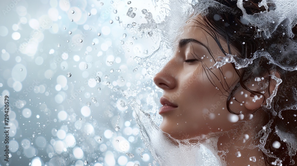 Close-up of a serene woman's face with clear water droplets suspended around her, symbolizing purity and skincare.
