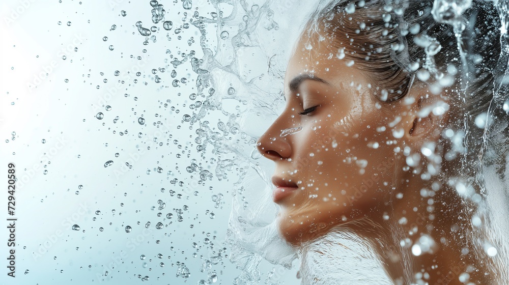 Close-up of a serene woman's face with clear water droplets suspended around her, symbolizing purity and skincare.
