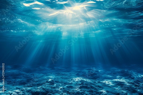 Beautiful blue ocean background with sunlight and undersea scene Evoking the serene and captivating beauty of marine life and the tranquility of the underwater world © Bijac