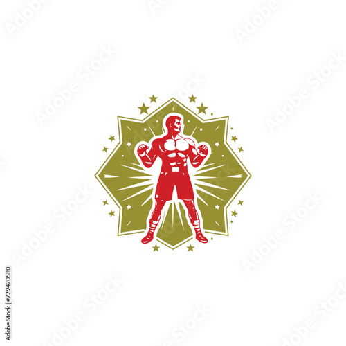 Muscular Boxer logo with boxing ring background - boxing emblem, logo design, illustration on white background