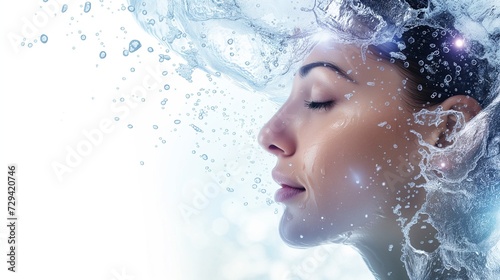 Close-up of a serene woman's face with clear water droplets suspended around her, symbolizing purity and skincare. 