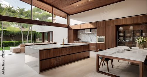 modern kitchen with wooden details, large windows