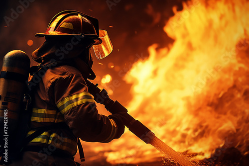 Male firefighter close-up extinguishing fire