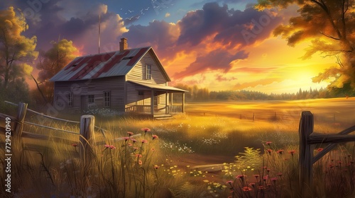 Painting of Old Farmhouse at Dawn: Scenic Beauty, Warm Colors