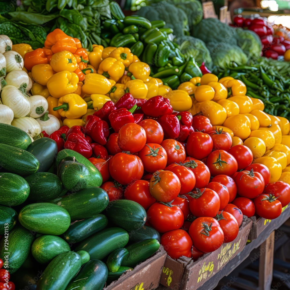 Fresh Vegetables Display at a Farmer's Market, A variety of colorful vegetables for sale at a local farmers market, outdoor setting