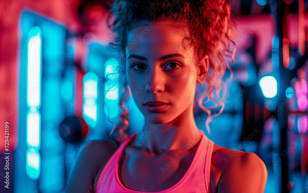 Portrait of a beautiful sportive young woman, in the calm atmosphere of a neon-lit gym