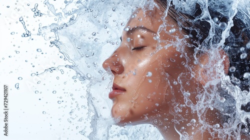 Close-up of a serene woman's face with clear water droplets suspended around her, symbolizing purity and skincare.
 photo