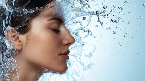 Close-up of a serene woman's face with clear water droplets suspended around her, symbolizing purity and skincare. 
