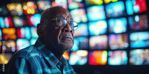 African American senior elderly man surrounded with multiple TV screens with channels. Entertainment Trends. Streaming Revolution. Streaming Dominance. New Media Era addiction leisure activity concept