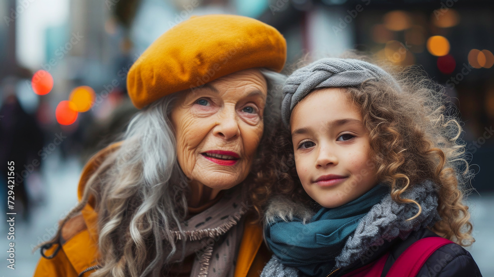 International Women's Day. A modern senior woman with her little granddaughter International Women's Day. A modern senior woman with her little granddaughter