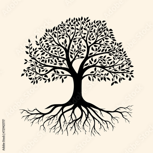 Tree with roots black silhouette. Different type of tree with root vector icon
