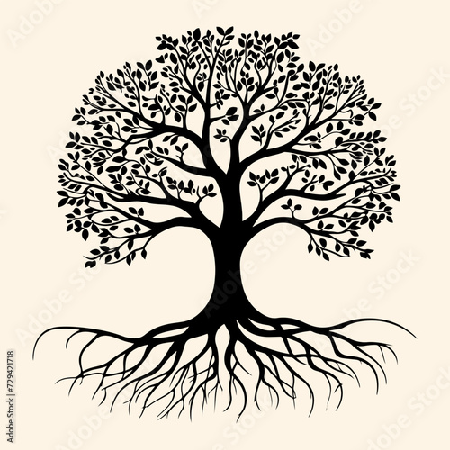 Tree with roots black silhouette. Different type of tree with root vector icon 