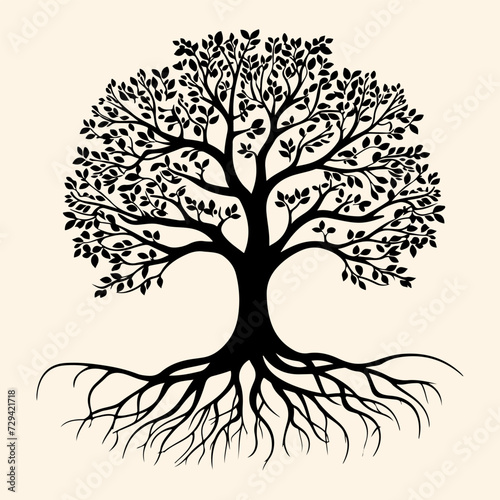Tree with roots black silhouette. Different type of tree with root vector icon
