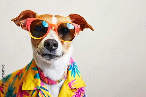Funny party dog in colorful summer attire Wearing stylish sunglasses Set against a white background Exuding a playful and cheerful vibe © Bijac