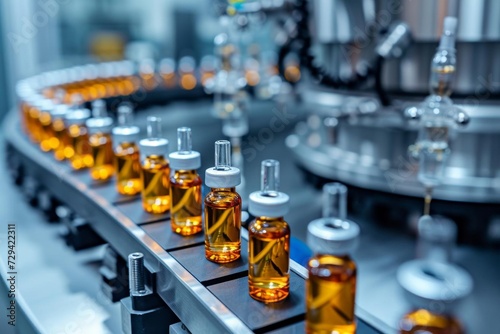 Medical vials on a production line in a pharmaceutical factory Highlighting the precision and scale of pharmaceutical glass bottle production for healthcare