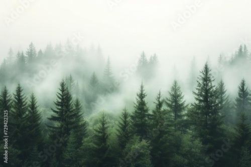 Misty landscape capturing the ethereal essence of a vintage-style fir forest Offering a nostalgic and atmospheric scene. © Bijac