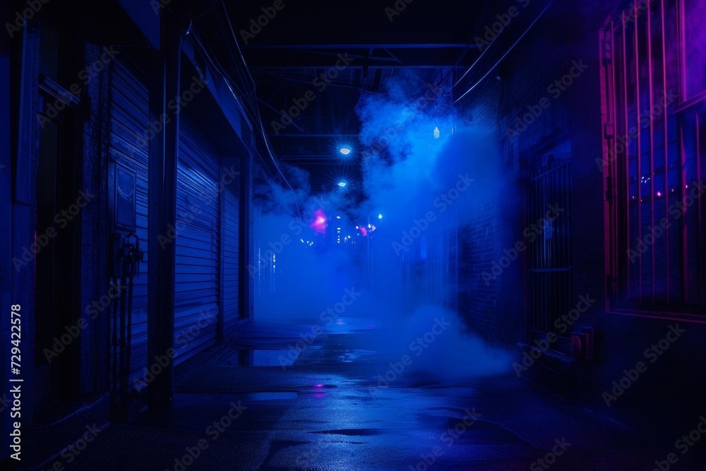 Mysterious and dark empty street bathed in a deep blue ambiance With neon lights casting an enigmatic glow Enhanced by the ethereal presence of rising smoke Crafting a scene straight out of a noir fil