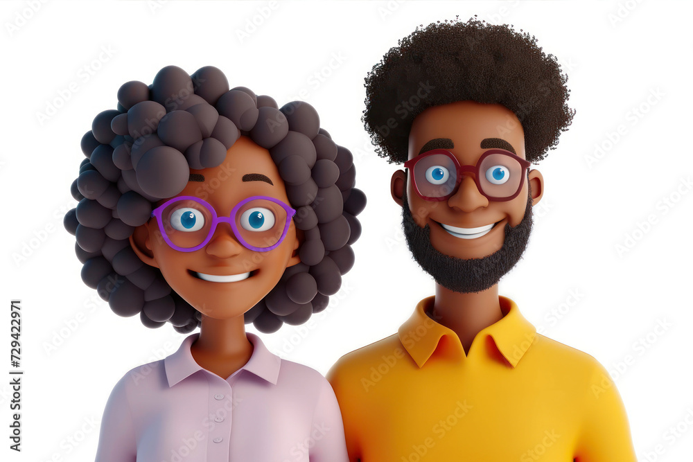 Fototapeta premium Simple Cartoon 3D illustration of smiling afro couple close up portrait on white background