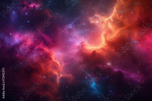 Sweeping cosmic panorama featuring a vibrant interstellar cloud Dotted with star clusters and radiant energy bursts Set in the vastness of space Capturing the awe-inspiring beauty of the universe