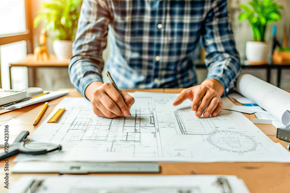 Architect working on some plans in his studio Architect working on some plans in his studio