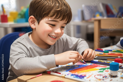 Radiating positivity, this stock photo captures a smiling, focused kid with autism actively engaged in an art therapy session. A beautiful portrayal of creativity, expression, and therapeutic joy. 
