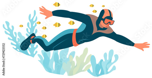 Swimmer in wetsuit diving amongst coral reefs.