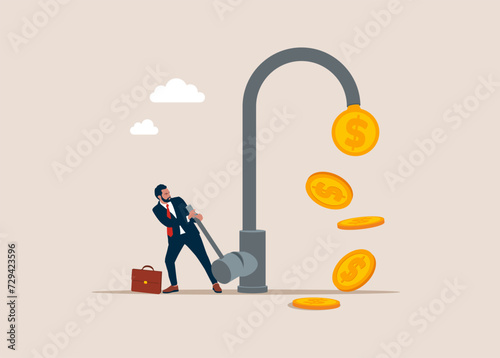 Businessman opening water tap to and money poring out of businesses. Flat vector illustration