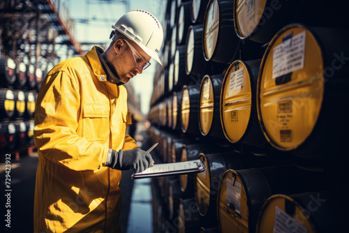 An industrial worker in a yellow safety suit and hard hat meticulously checks inventory against a clipboard among rows of large oil drums. photo
