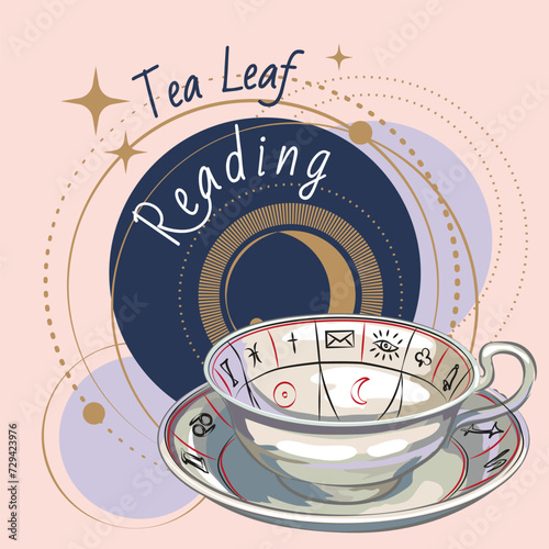 Mystical banner tea-cup fortune telling, Tea Magic, fortune telling. Cute hand drawn illustration, vintage vector card.