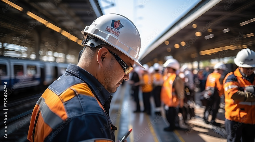 Obraz premium A focused railway engineer in high-visibility gear checks his notes on a busy train platform, with passengers and a train in the blurred background.