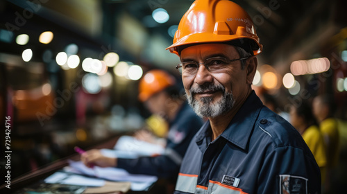 A smiling railway worker wearing an orange hard hat and reflective vest stands confidently at the station with paperwork in hand.