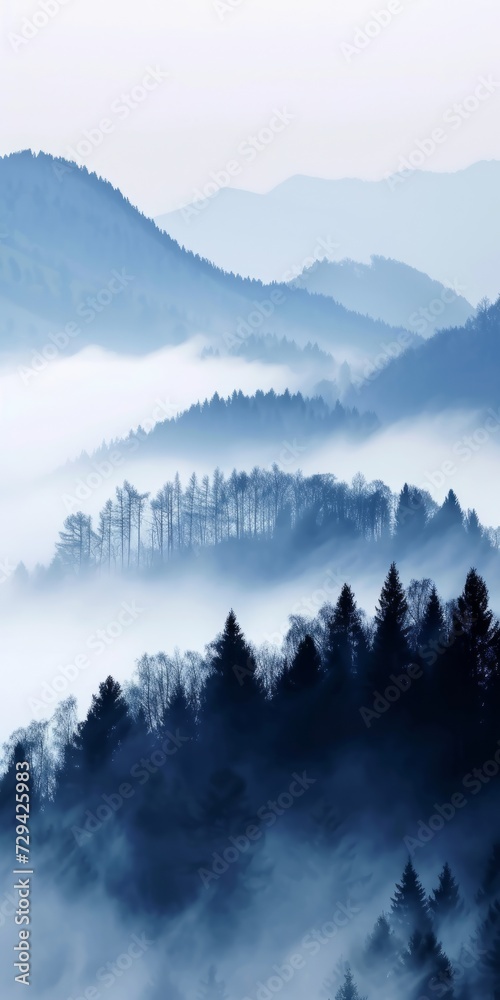 Ethereal fog blankets a breathtaking mountain panorama, with a majestic fir forest in the foreground.
