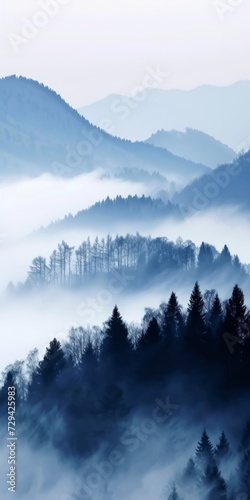 Ethereal fog blankets a breathtaking mountain panorama, with a majestic fir forest in the foreground.