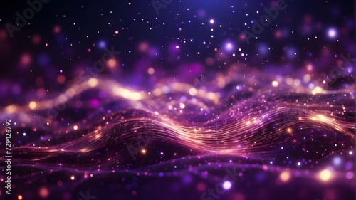Digitally created abstract background of light and purple particles featuring glowing dots and stars.