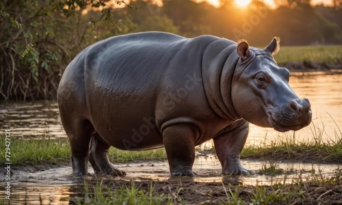 Golden Hour Majesty: Hippo Haven Unveiled in the Savannah Wildlife